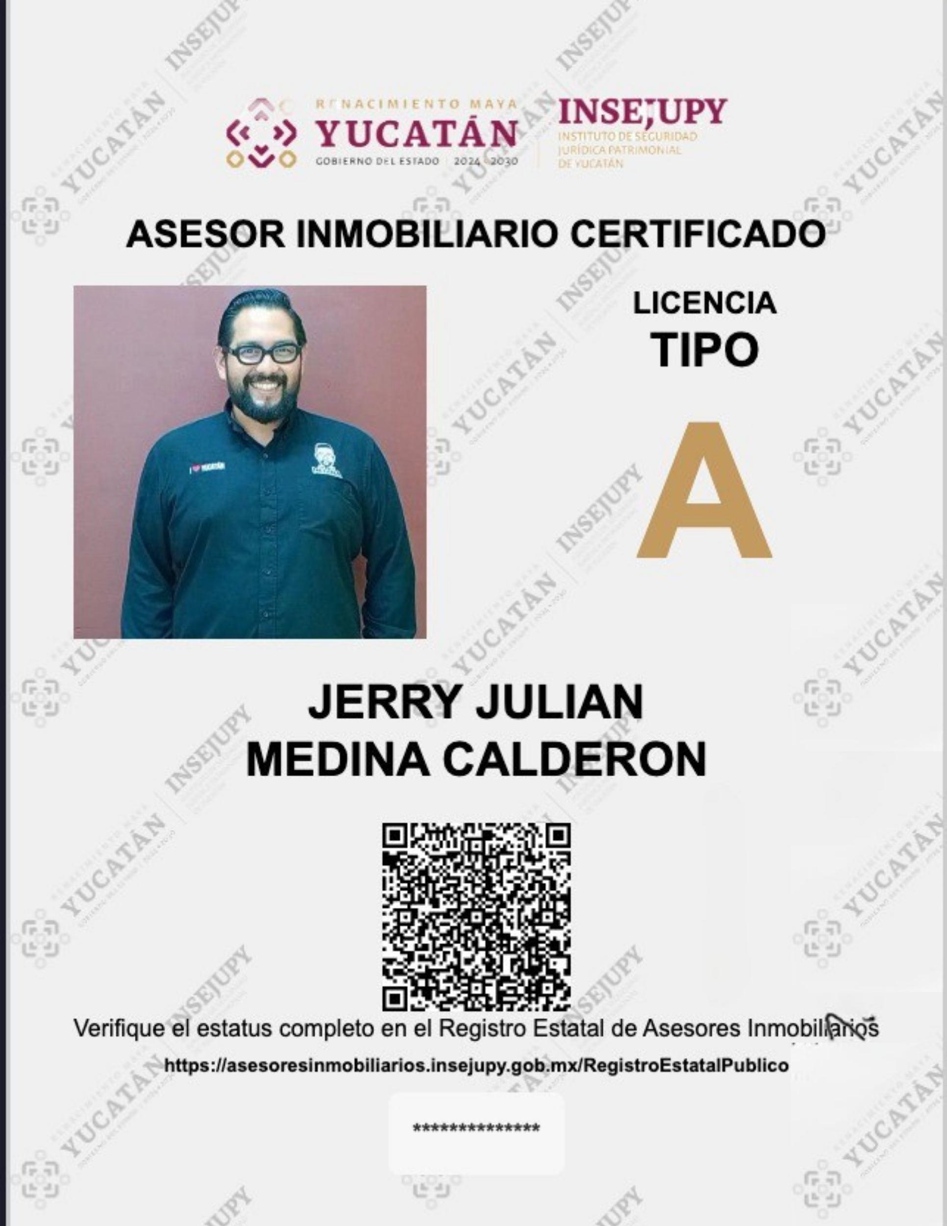 Licencia de asesor inmobiliario de Jerry Medina con código QR